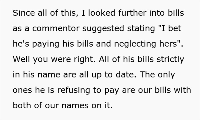 Text excerpt discussing bills and financial responsibility issues between husband and SAHM wife amid divorce conflict.