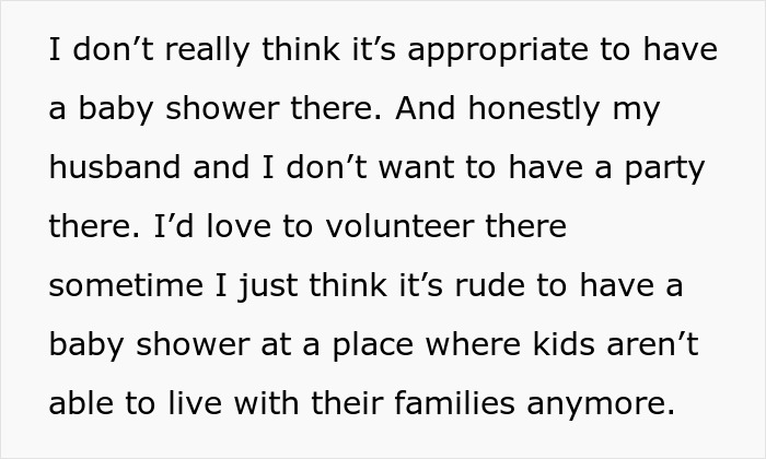 Text about rejecting an inappropriate baby shower idea causing a MIL tantrum and tension around the event location.