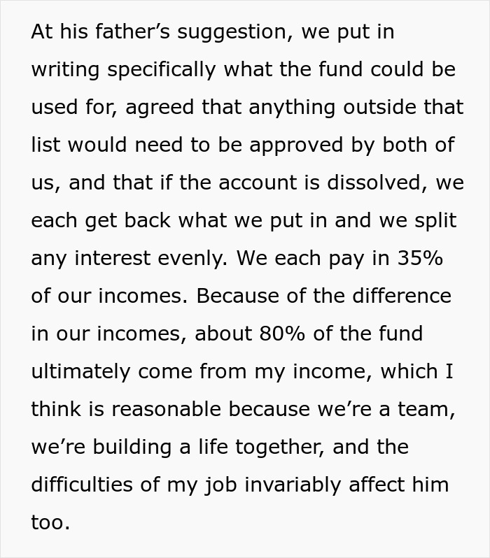 Text excerpt explaining fiance and friend managing wedding money with agreed contributions and fund usage rules.