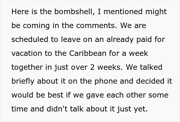 Text on a white background explaining a couple&rsquo;s upcoming Caribbean vacation and their decision to take time apart.