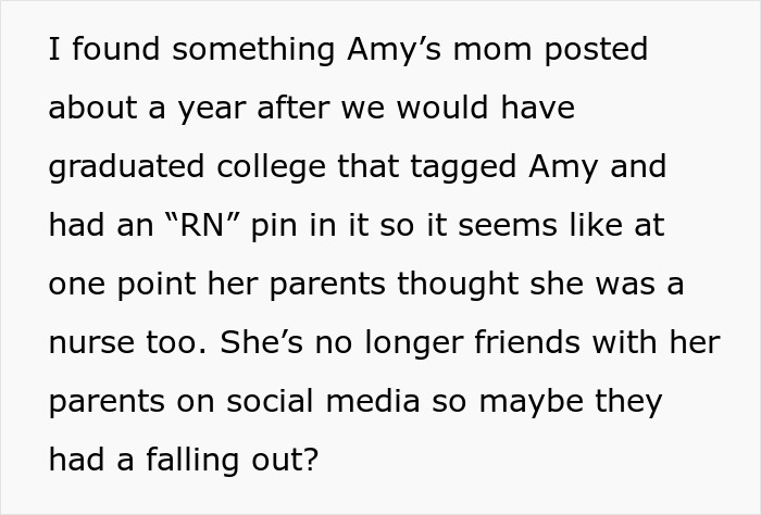 Text discussing a woman deciding to lie about her career as a nurse for 10 years with fabricated stories.