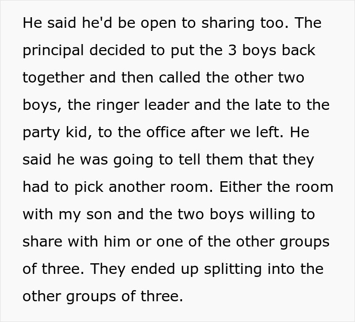 Text excerpt describing a principal addressing a room-sharing issue involving an autistic kid excluded from a class trip.