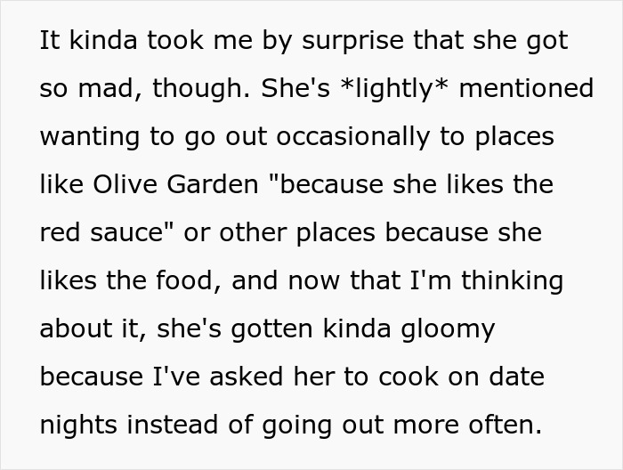Text excerpt about a chef girlfriend and boyfriend not going to restaurants, discussing home-cooked date nights.