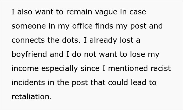 Screenshot of typed note about staying vague after losing a boyfriend and fearing retaliation over a racist gift mention