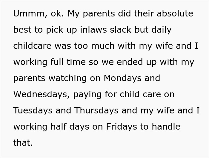 Text excerpt about in-laws refusing childcare help, parents partially assisting, and managing work with mixed childcare arrangements.