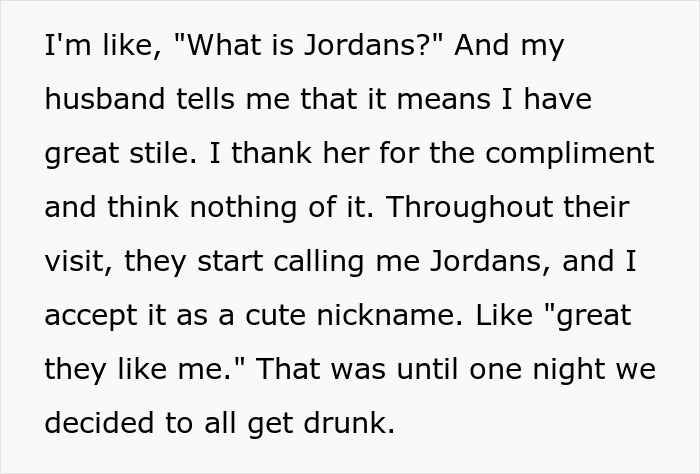 Text excerpt showing a woman revealing her husband's family are lying snobs through a simple switch during a family visit.