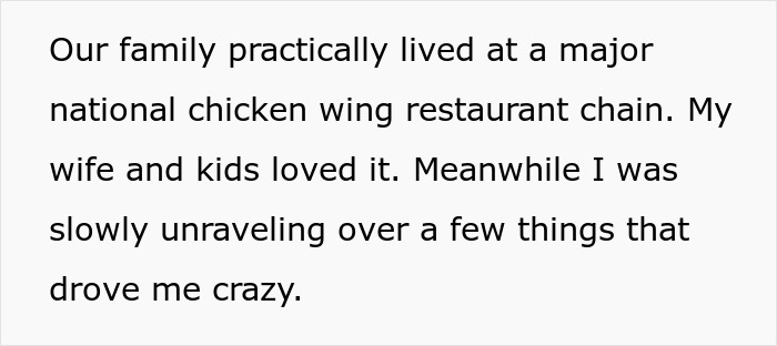 Text excerpt about a family's experience at a major national chicken wing restaurant chain causing frustration.