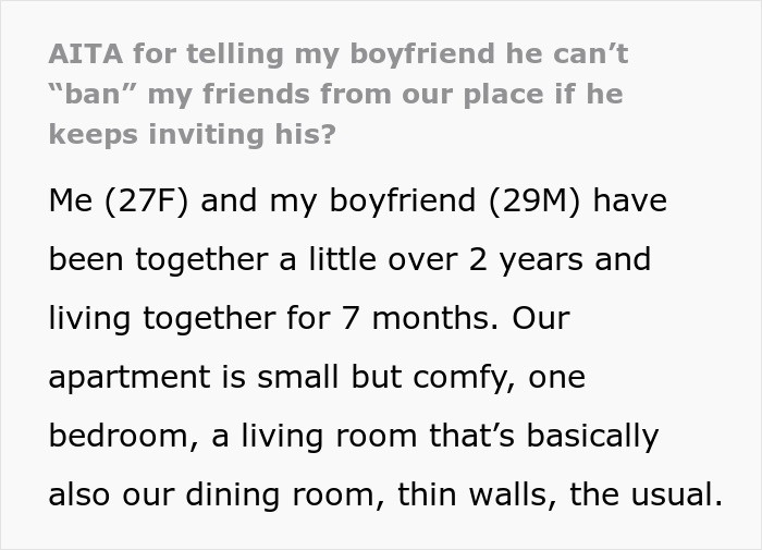 Screenshot of forum post about boyfriend ban friends relationship dispute, paragraph text on light gray background.