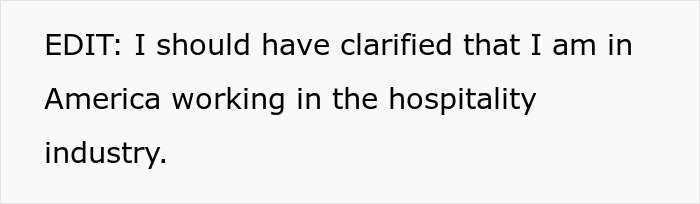 Text image stating a clarification about working in America’s hospitality industry from a bullied employee nitpicked by her boss. Text image stating a clarification about working in America’s hospitality industry from a bullied employee nitpicked by her boss.