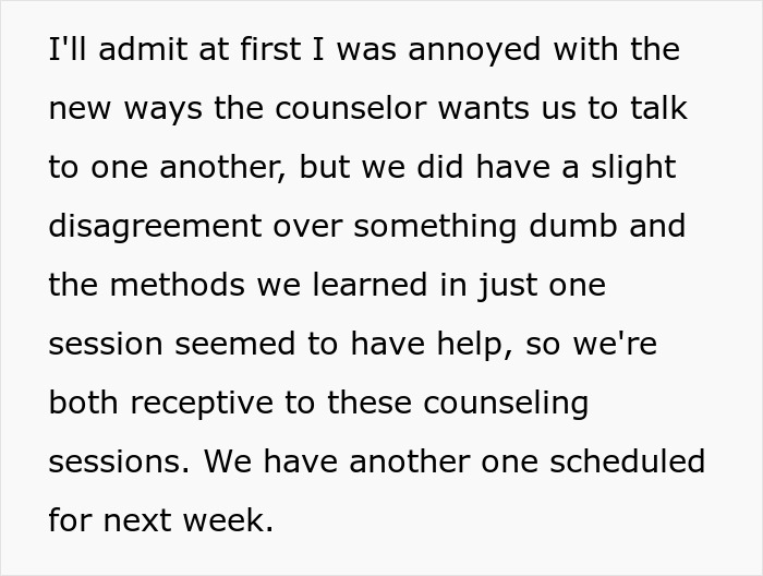 Text excerpt about a couple attending counseling sessions to improve communication after a disagreement. Text excerpt about a couple attending counseling sessions to improve communication after a disagreement.
