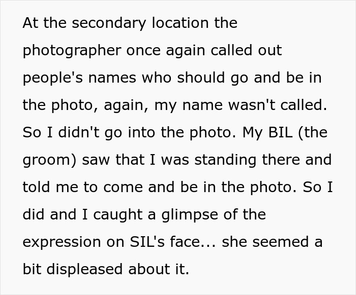 Bride enters new family with drama after deliberately excluding sister-in-law from wedding photos conflict described in text.