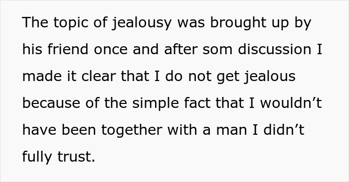 Text excerpt about a woman explaining she does not get jealous because she trusts her husband completely.