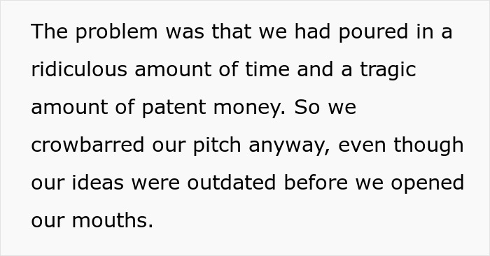 Text excerpt discussing challenges with patent money and delivering a pitch for a restaurant patent idea.