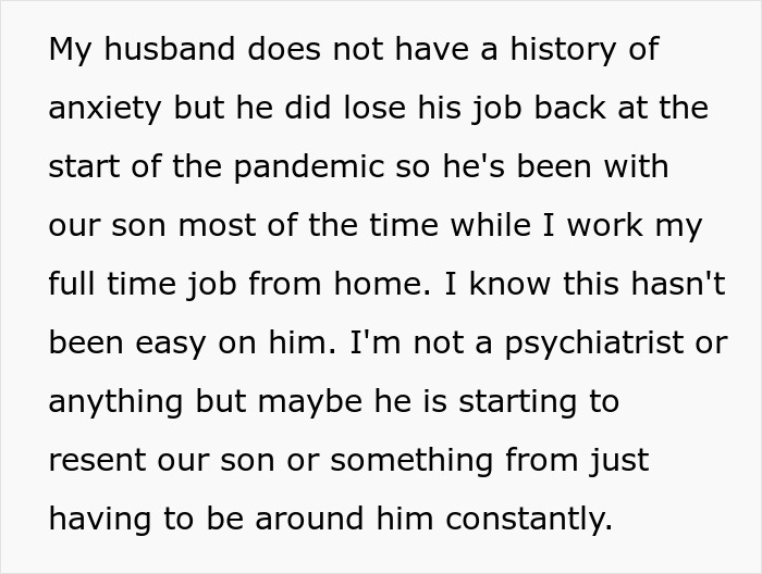 Text excerpt discussing a husband’s anxiety, job loss, and time spent with their son during the pandemic.