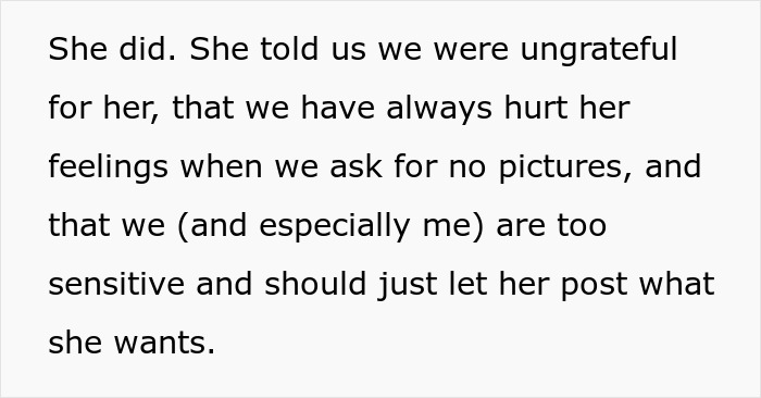 Text excerpt describing a woman uncomfortable with MIL AI images, expressing feelings about sensitivity and image posting.