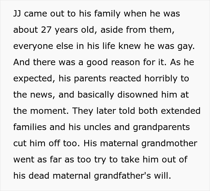 Text excerpt about a gay son disowned by family after coming out, highlighting family shock and exclusion from wedding.