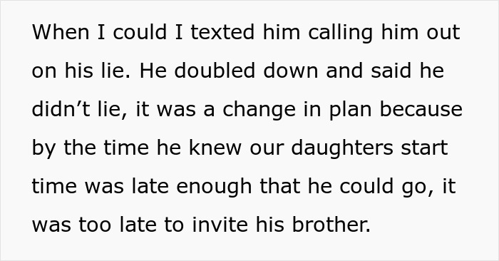 Text excerpt revealing a husband lying about a camping trip with his bro while the bro was actually home.