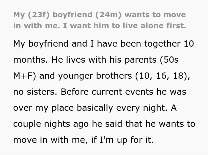 Text post showing a woman explaining her boyfriend wants to move in without learning chores, getting a reality check.