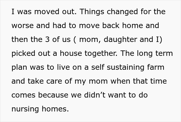 Text excerpt about moving back home and planning a self-sustaining farm to care for mom, involving woman and daughter.