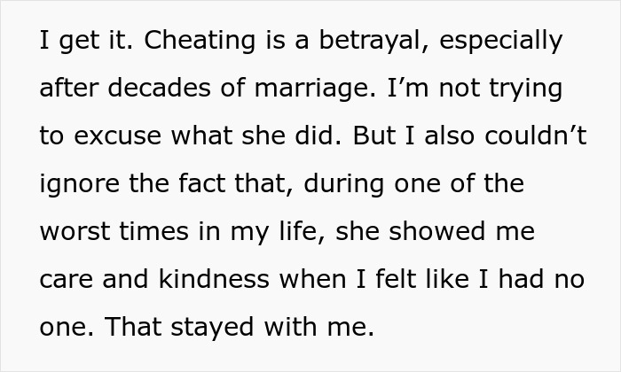 Text excerpt about feeling torn between husband and mother-in-law after secretly helping her during tough times.