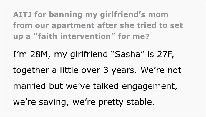 Text screenshot showing a man explaining his girlfriend&rsquo;s religious mother tried a faith intervention, leading to her ban from their apartment.