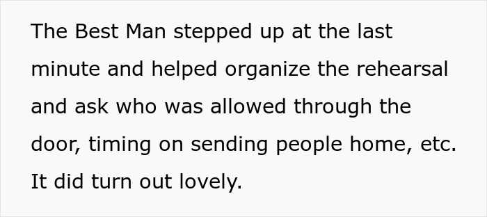 Text excerpt about a best man organizing a wedding rehearsal after a groom slams maid of honor for low effort.