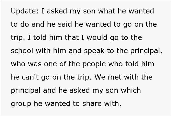 Alt text: Update about autistic kid excluded from class trip and mom confronting principal at school about the situation