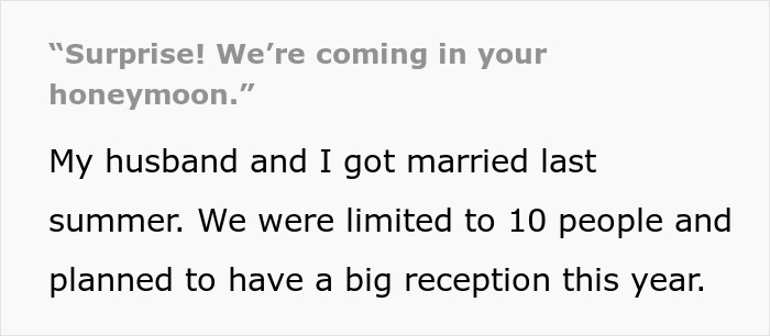 Couple surprised by husband&rsquo;s parents arriving during honeymoon, capturing an unexpected family visit moment.