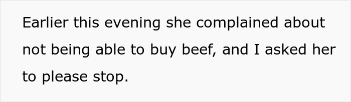 Text excerpt showing a woman complaining about not being able to buy beef while staying with her sister-in-law for free. Text excerpt showing a woman complaining about not being able to buy beef while staying with her sister-in-law for free.