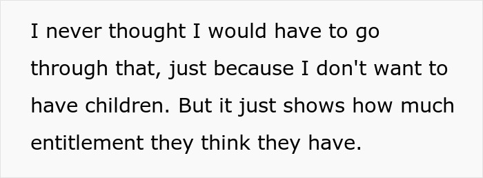 Text image expressing frustration about parents' entitlement related to having children and family expectations.
