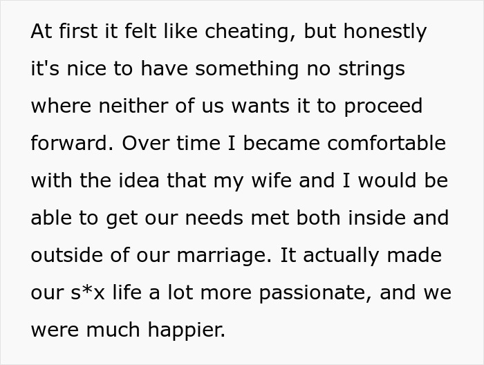 Text describing a husband&rsquo;s experience agreeing to an open marriage to reconnect with his wife&rsquo;s ex, improving their relationship.