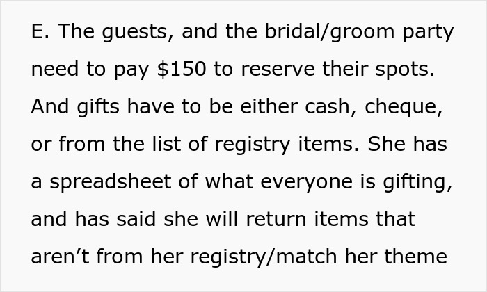 Text excerpt discussing bridezilla demands for guests and bridal party payments, causing family tension and messiness.