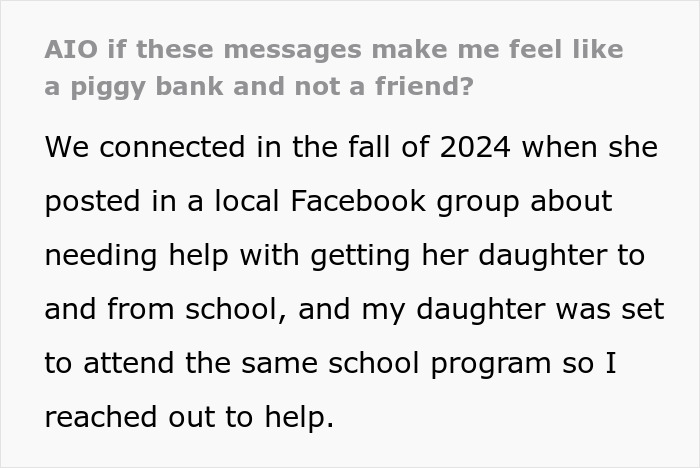 Woman goes out of her way to help new friend with kids, then realizes she was just being used in a social situation.