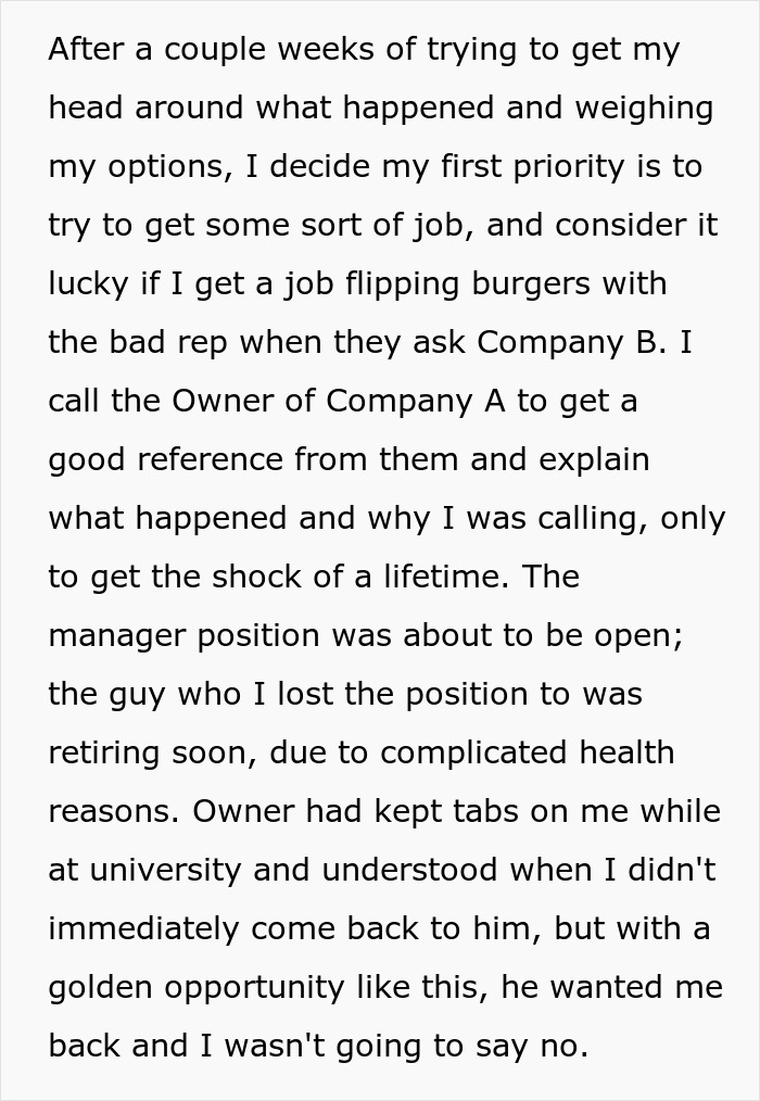Man finally gets revenge on coworker who got him fired years prior with a new job opportunity and reckoning.
