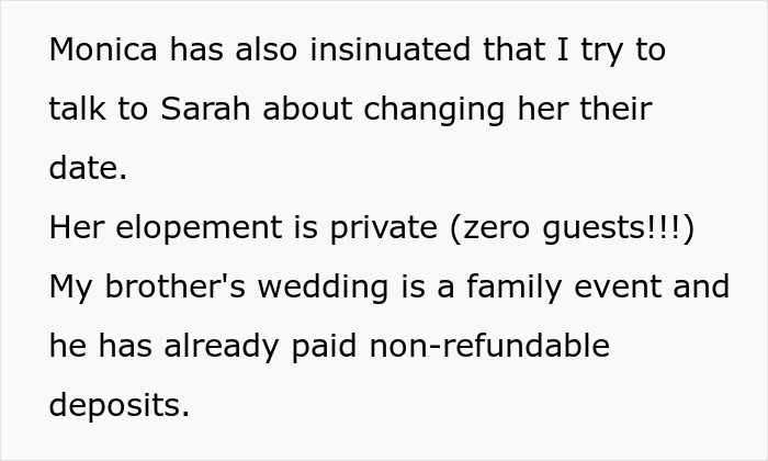 Text excerpt discussing a family conflict over wedding date ownership and private elopement details causing a family war. Text excerpt discussing a family conflict over wedding date ownership and private elopement details causing a family war.