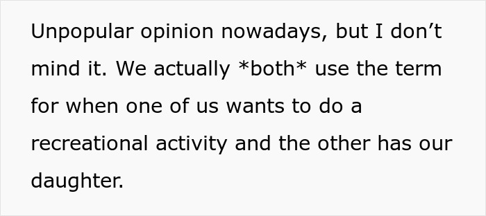 Text excerpt about using a term for recreational activity while the other partner cares for their daughter in a casual discussion.