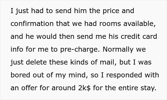 Text excerpt showing hotel receptionist discussing a scammer&rsquo;s $2k laundering attempt and credit card pre-charge scheme.