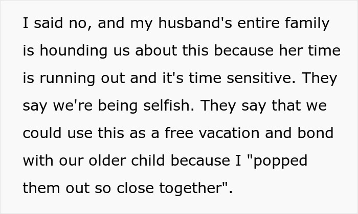 Text excerpt about cousin with cancer wanting to borrow baby, facing family pressure over time-sensitive request.