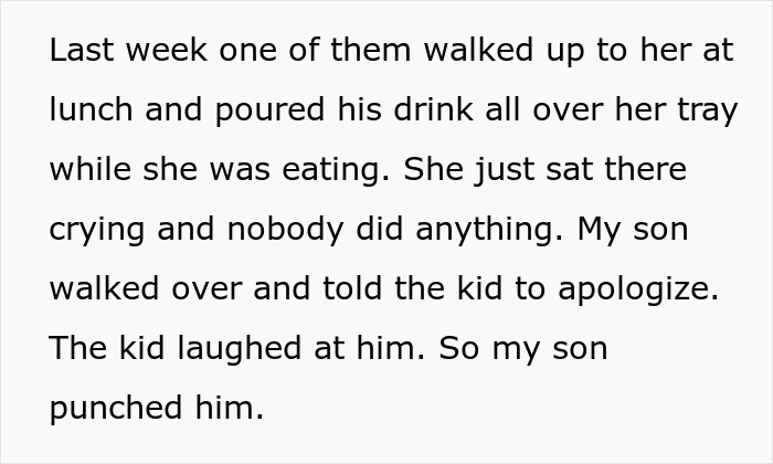 Text excerpt describing a bullying incident where a son punches a bully after he laughs at an apology demand.