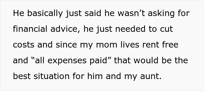 Text discussing an entitled uncle expecting his niece to be his retirement plan and calling her cruel when laughed off.