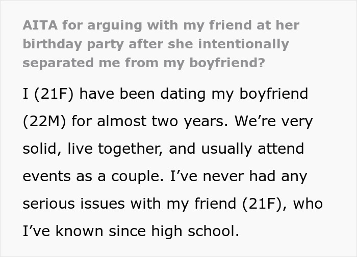 Text excerpt discussing a birthday host excluding bestie&rsquo;s boyfriend from the party table, sparking drama and conflict.