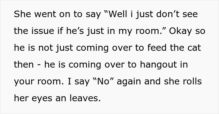 Text excerpt showing a conversation about a roommate and boyfriend hanging out in a room causing vacation drama.