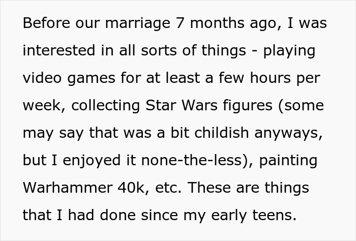 Man plays video games and secretly collects Star Wars figures after wife bans his hobbies.