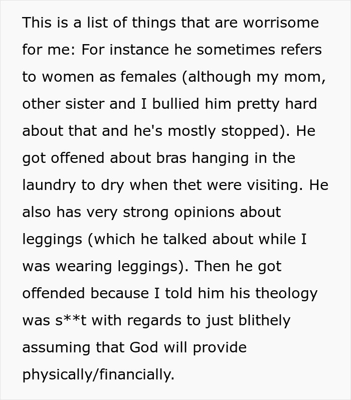 Text excerpt expressing worries about a woman whose sister became a tradwife, highlighting concerns and secret support.