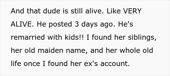 Text showing a Venmo search revealing a fianc&eacute;e's fabricated past, including her widow status and ex's details.