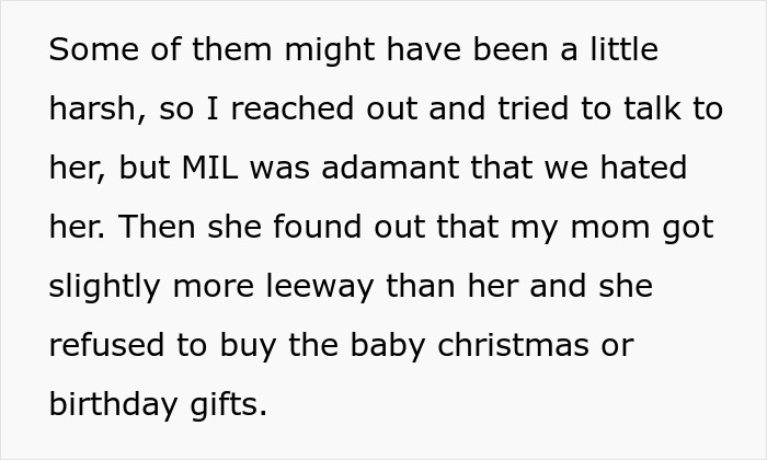 Text describing a family conflict with a mother-in-law lying and ruining family relationships over gift disputes.
