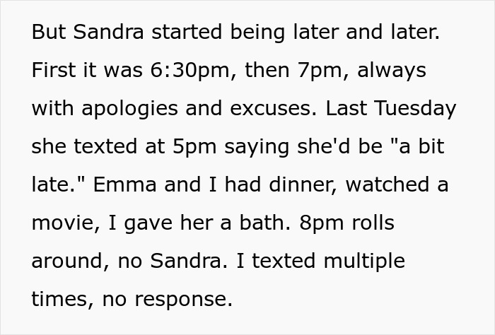 Text describing a sitter&rsquo;s experience with a drunk lady showing up hours late to pick up her kid after happy hour.