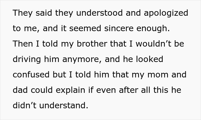 Text about sister refusing to drive ungrateful brother who trashed her car and won&rsquo;t get his own license.