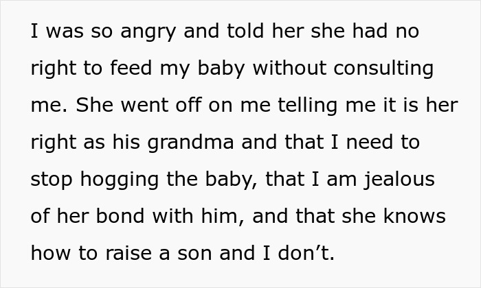 Mom takes her baby screenshot of text about an angry mother refusing grandma's attempt to feed her son