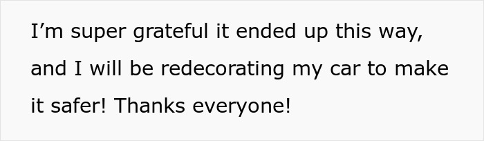 Alt text: Text message expressing gratitude and plans to redecorate a girly car to make it safer after damage.